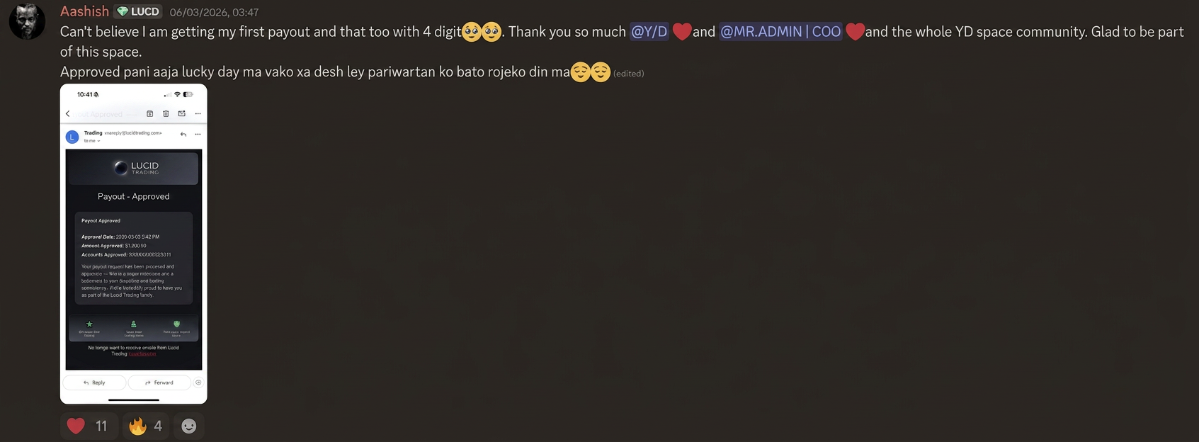 Aashish - Payout Approved · $1,000 (Lucid Trading)